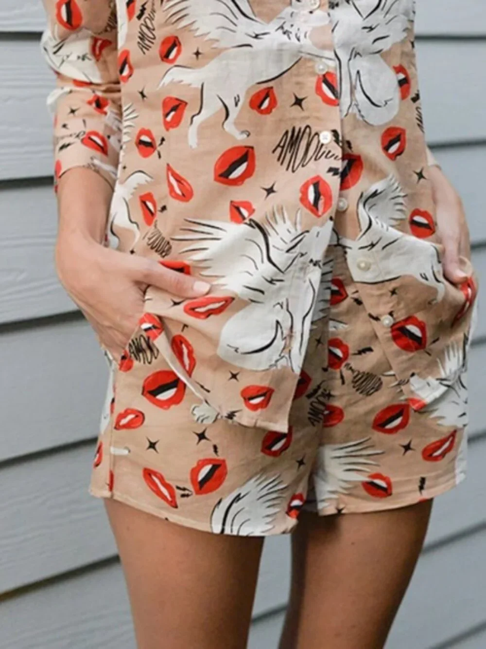 NWT Las Surenas Wolf Kisses Linen Top + Shorts Set sz S - Picture 3 of 7